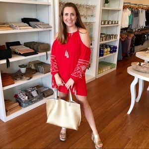 Red Dress, off the shoulder, embroidered